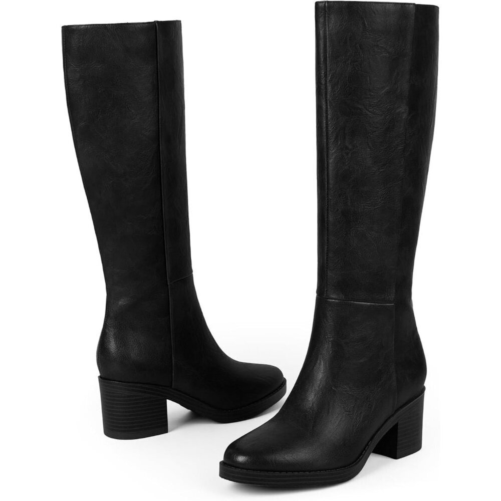 Women's Retro Black 2.56" Chunky Heel Round Toe Side Zipper Knee High Boots - Picture 6 of 7